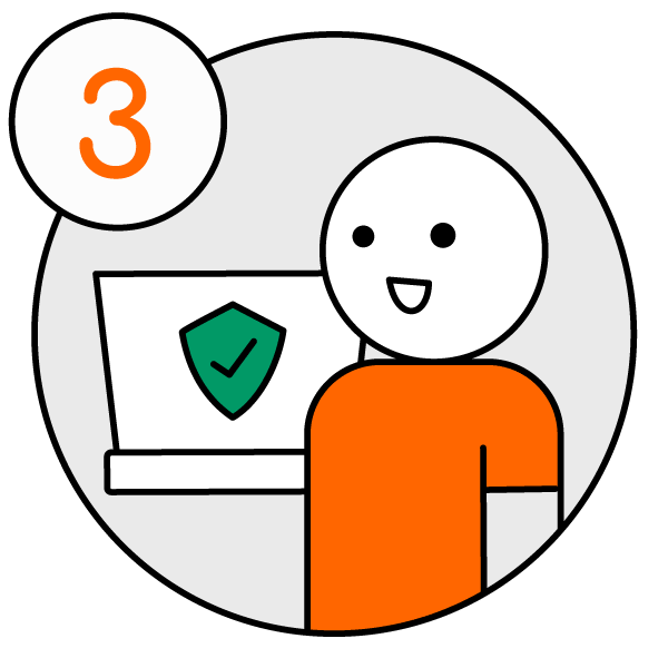 easymize-nutzen Bewegter Icon (GIF), beschriftet mit der Nummer 3. PC ist im Hintergrund sichtbar, auf dem Bildschirm blinkt ein grünes Symbol mit Haken. Männchen steht mit freudiger Mimik im Vordergrund.