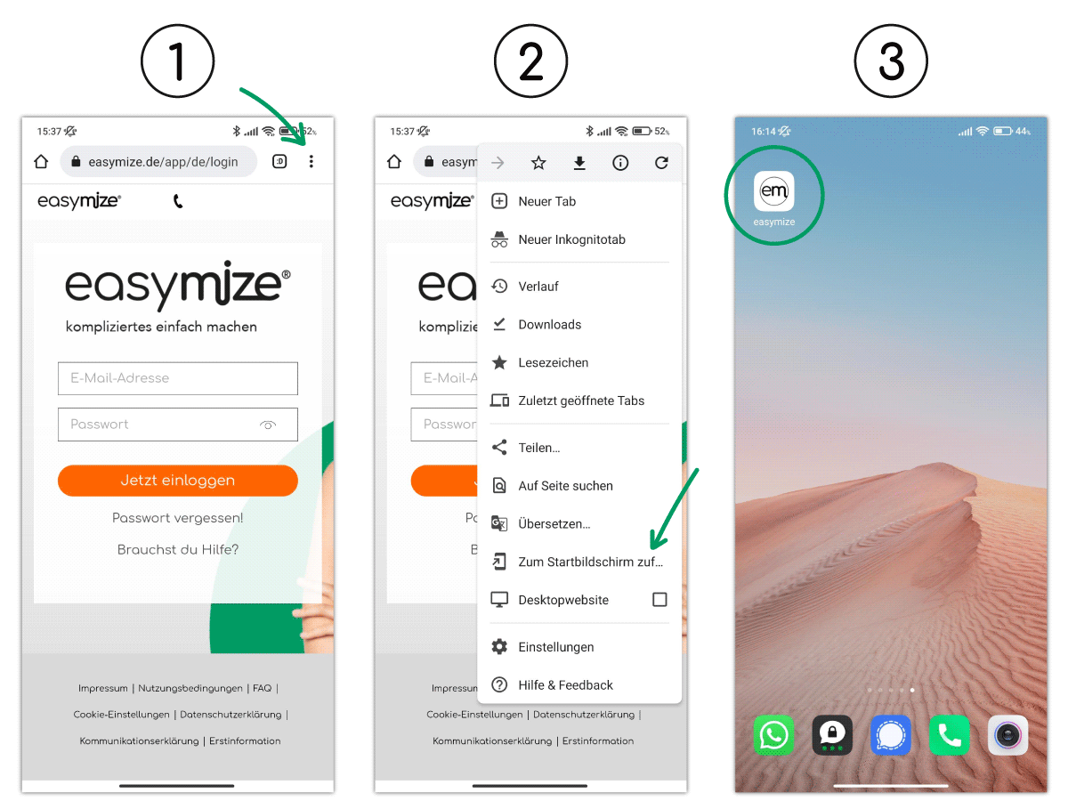 Anleitung, um easymize dem Startbildschirm auf Android hinzuzufügen.