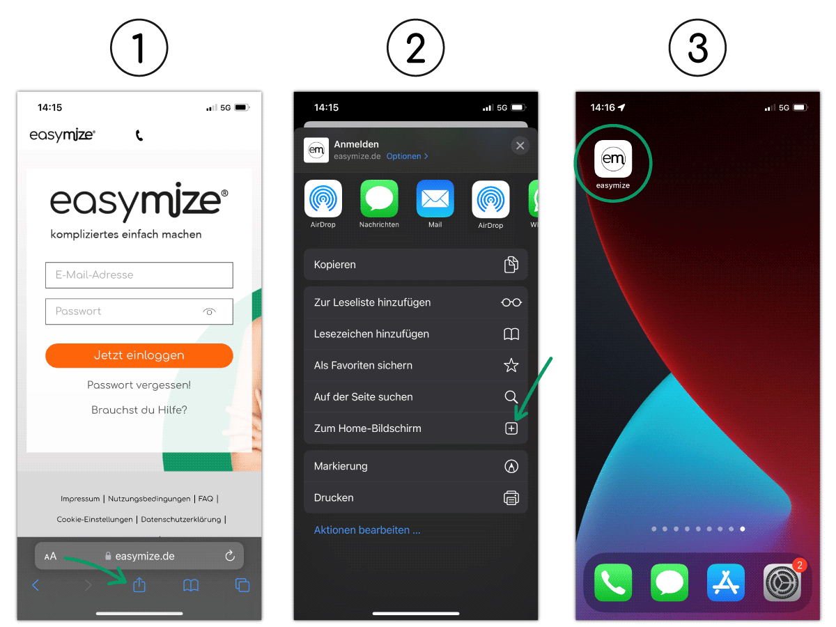 Anleitung, um easymize dem Startbildschirm auf iOS hinzuzufügen.