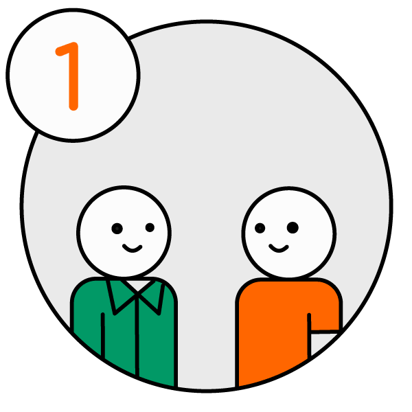 easymize-bankfiliale Bewegter Icon (GIF), beschriftet mit der Nummer 1. Zwei Männchen lächeln sich an und über ihren Köpfen entstehen abwechseln Sprechblasen/Andeutung eines Gesprächs.