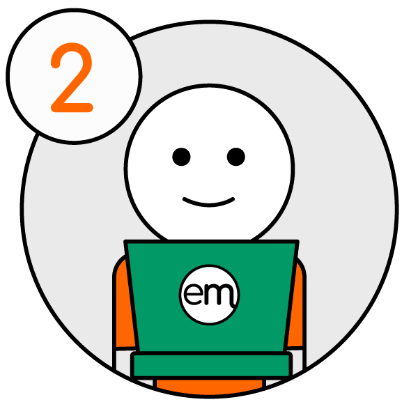 easymize-profil-vervollstaendigen Bewegter Icon (GIF), eschriftet mit der Nummer 2. Männchen sitzt lächelnd vor seinem PC, welcher mit dem easymize Icon versehen ist. PC bewegt sich leicht hin und her und Männchen blinzelt.